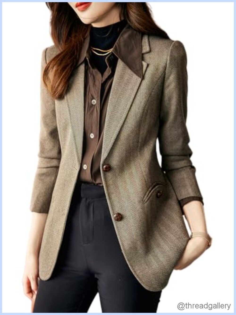 Wool Blend Herringbone Plaid Blazer Notch Lapel Single Breasted Business Casual
